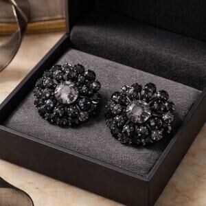 Vintage black and clear rhinestone silver tone clip-on earrings